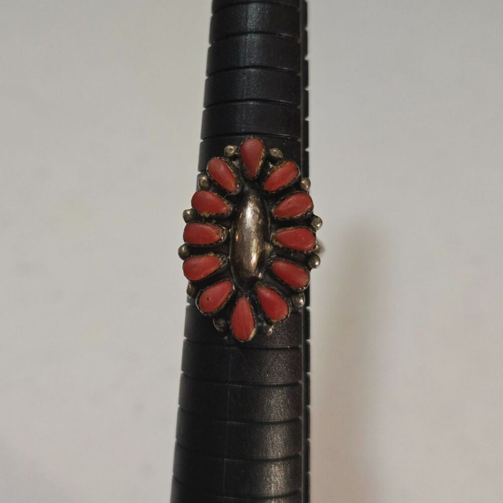 Vintage Native American Sterling Silver Coral Cluster Ring Marked MFC